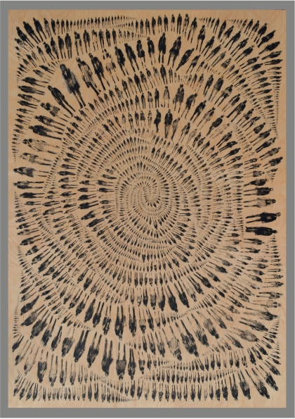 2016 - 1,974 Pedestrians (Rose), ink on wood panel, 42x60 inches